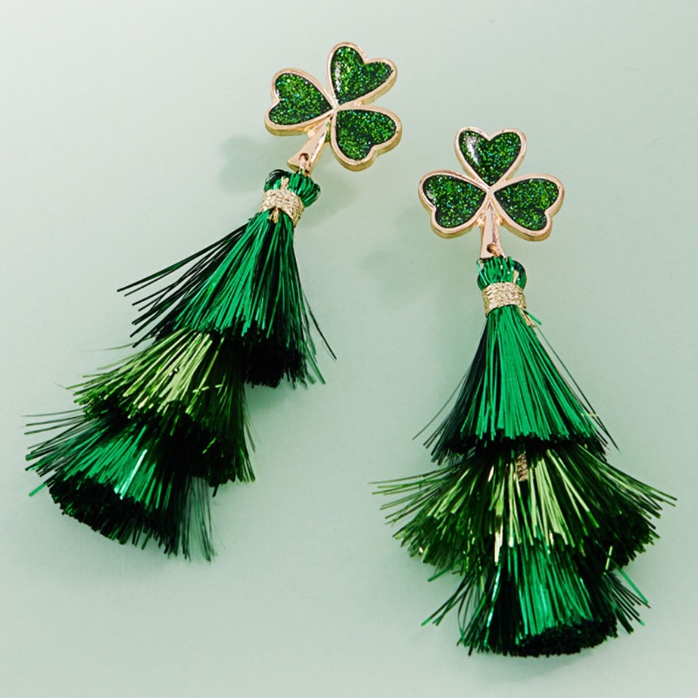 St Patricks Day Shamrock Tassel Dangle Earrings Patrick’s Irish Day Clover Luck
